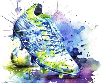 May include: A watercolor painting of a green and blue soccer cleat with a soccer ball in the background. The cleat is painted in a realistic style with splashes of color around it.