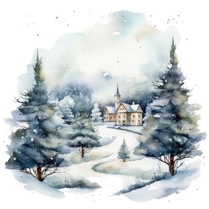 10 cliparts de carte de Noël, paysage d'hiver, clipart aquarelle imprimable, fichiers JPG de haute qualité, téléchargement numérique, créations en papier, journaux indésirables
