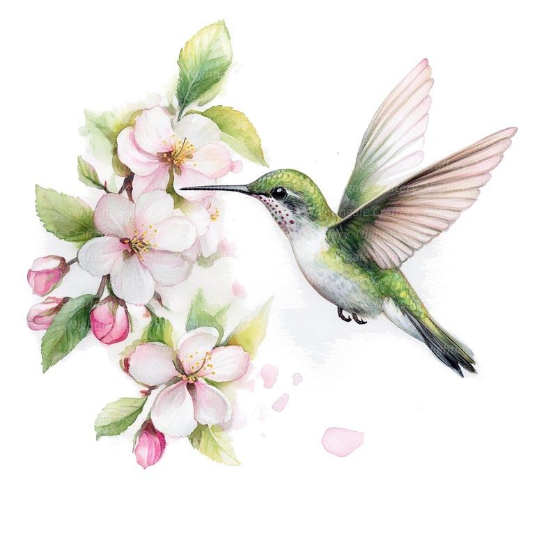 May include: A watercolor painting of a hummingbird with green and white feathers, hovering near a branch of pink and white blossoms. The hummingbird has its beak extended towards the flowers, as if it is about to drink nectar.