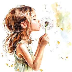 11 Kid and Dandelion Clipart, Girl and Dandelion, Afdrukbare aquarel clipart, Hoge kwaliteit PNG's, Digitale download, Papercraft, Tijdschriften