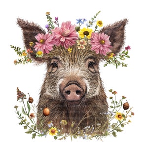 8 Floral Wild boar Clipart, Floral pig, Printable Watercolor clipart, High Quality PNGs, Digital download, Paper crafts, junk journal