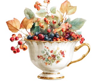 12 Autumn Tea Cup Clipart, Autumn Design, Printable Watercolor clipart, High Quality JPGs, Digital download, Paper craft, junk journals