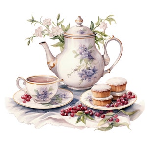 Peut inclure: Une th&eacute;i&egrave;re blanche avec un motif floral et des accents dor&eacute;s, une tasse &agrave; th&eacute; blanche avec un motif floral, une soucoupe et trois petits g&acirc;teaux sur une assiette blanche. La th&eacute;i&egrave;re est remplie de th&eacute; et la tasse &agrave; th&eacute; est remplie de th&eacute;. Il y a des baies rouges et des feuilles vertes &eacute;parpill&eacute;es autour de la th&eacute;i&egrave;re, de la tasse &agrave; th&eacute; et des g&acirc;teaux.