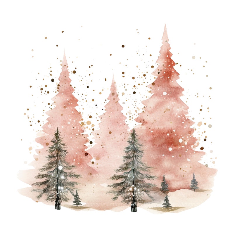 May include: Watercolour painting of a winter forest scene with pink and brown trees and gold glitter. The trees are silhouetted against a white background.
