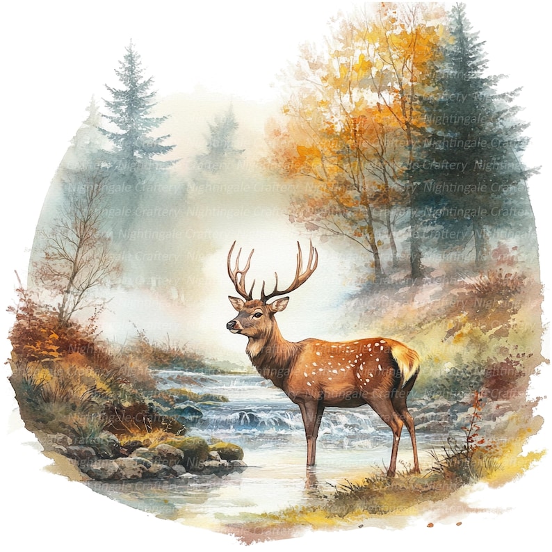 8 Deer in Forest Clipart, Autumn Landscape, Printable Watercolor ...