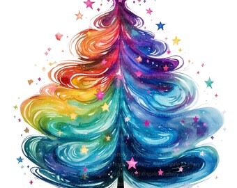 10 Abstract Christmas Tree Clipart, Rainbow, Printable Watercolor clipart, High Quality JPGs, Digital download, Paper craft, junk journals