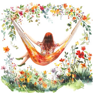 10 Clipart di donna che riposa, amaca floreale di donna, clipart di acquerello stampabile, JPG di alta qualità, download digitale, artigianato di carta, diario spazzatura