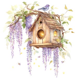 11 printemps nichoir clipart, maison d'oiseau florale, clipart aquarelle imprimable, PNG de haute qualité, téléchargement numérique, créations en papier, journal de bordel