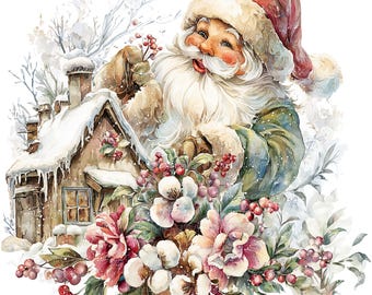 12 Christmas Santa Clipart, Christmas Card, Printable Watercolor clipart, High Quality JPGs, Digital download, Paper craft, junk journal