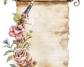 10 Vintage Scroll Clipart, Floral Old Paper, High Quality PNG/JPGs, Printable Watercolor clipart, Digital download, Paper craft, journaling