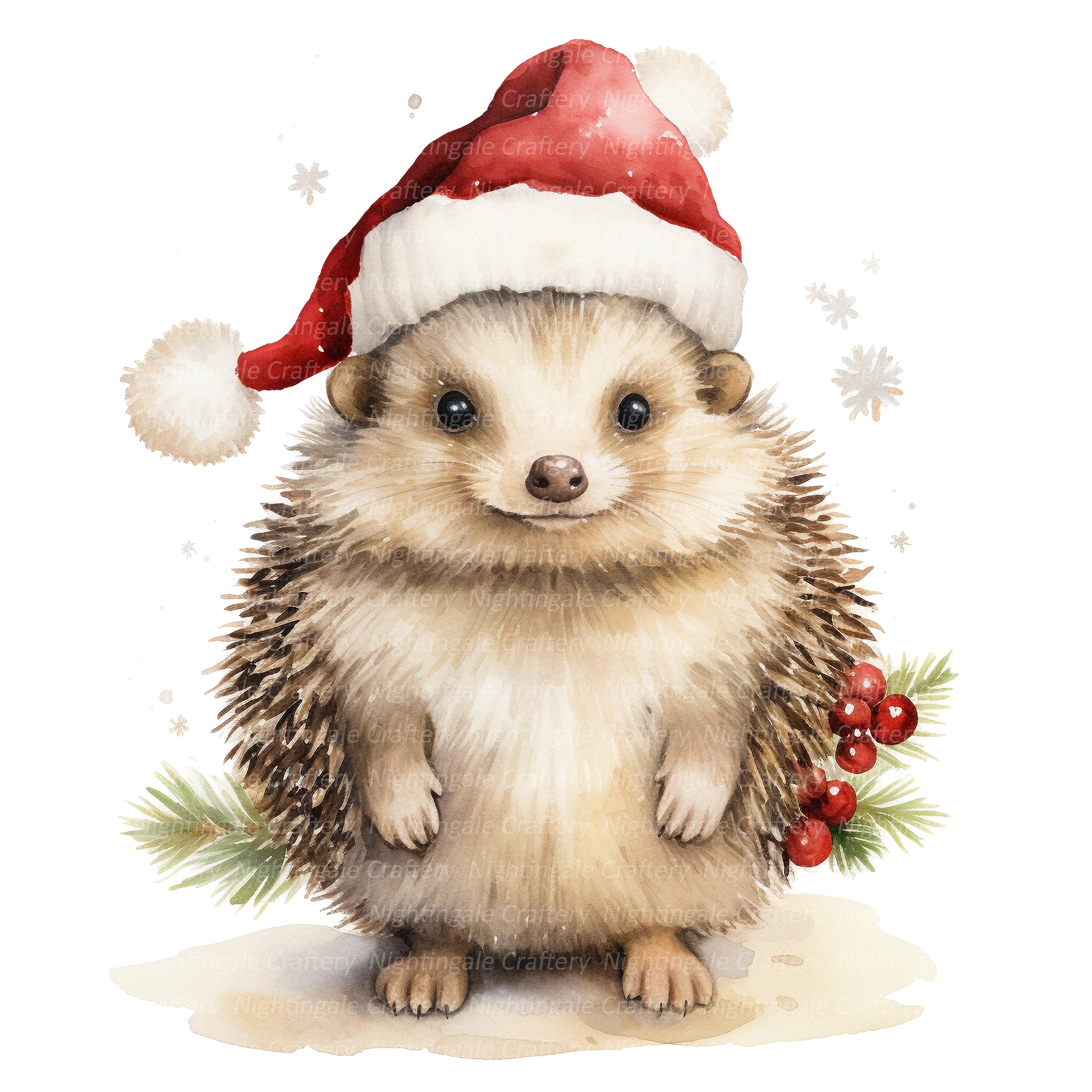 盛り沢山クリスマス☆ハリネズミ サンタ帽をかぶったハリネズミのクリップアート10点、印刷可能な水彩画