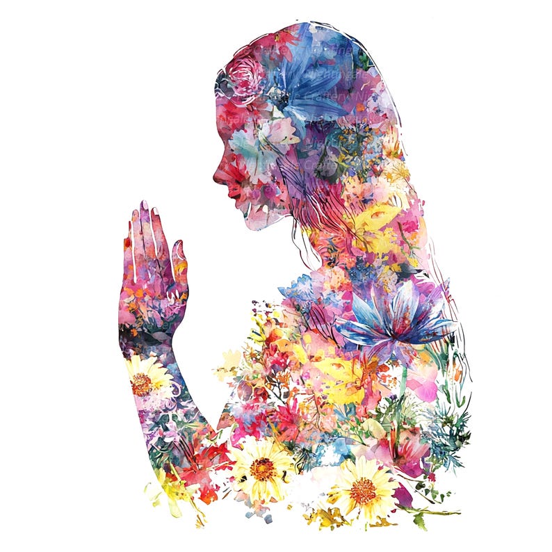 May include: Watercolor illustration of a woman's silhouette filled with colorful flowers. The profile shows the woman with her hand raised, and the flowers are in shades of pink, yellow, blue, and purple. The artwork is set against a white background.