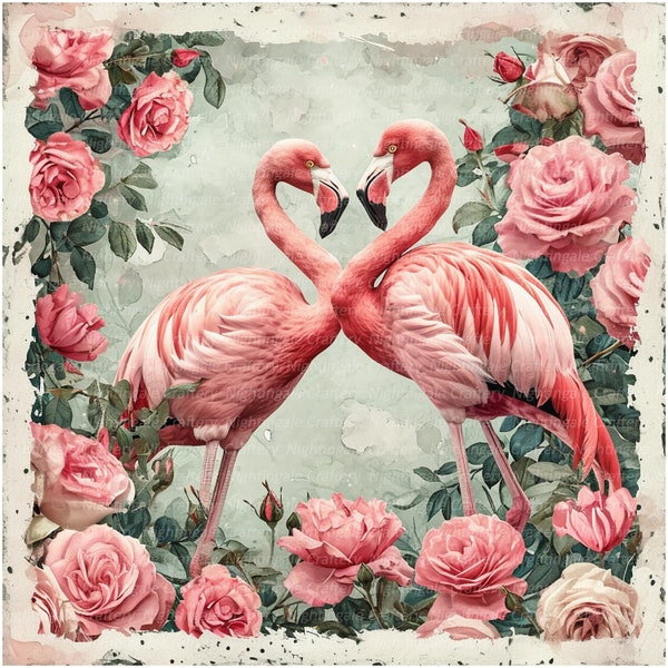 10 Flamingo in Roses, Digital Paper pack, Printable Watercolor clipart, High Quality JPGs, Digital download, Paper craft, junk journal
