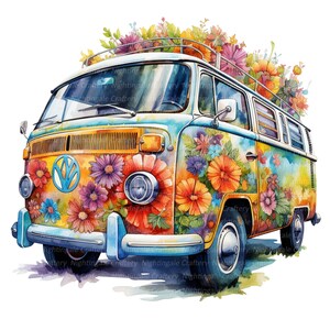 10 Floral Hippie Bus Clipart, Hippie Van, Printable Watercolor clipart, High Quality JPGs, Digital download, High Resolution, Paper craft image 9