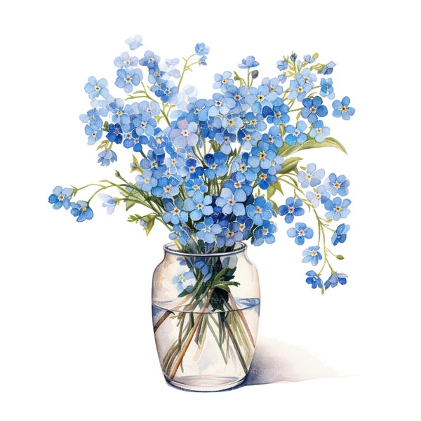 10 Forget Me Not in Glass Vase Clipart, Forget-me-not bucket, Printable Watercolor clipart, High Quality JPGs, Digital download, Paper craft