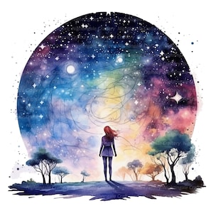 10 Clipart ragazza e universo, Ragazza notte stellata, clipart acquerello stampabile, JPG di alta qualità, download digitale, creazione di carta, diario spazzatura