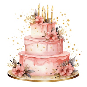 10 Pink Birthday Cake Clipart, Cake Clipart, Printable Watercolor clipart, High Quality JPGs, Digital download, Paper craft, junk journals