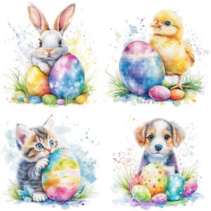 20 Clipart di biglietti di Pasqua, coniglietto pasquale, pulcino, gatto, clipart stampabili ad acquerello, JPG di alta qualità, download digitale, lavoretti di carta, diario spazzatura