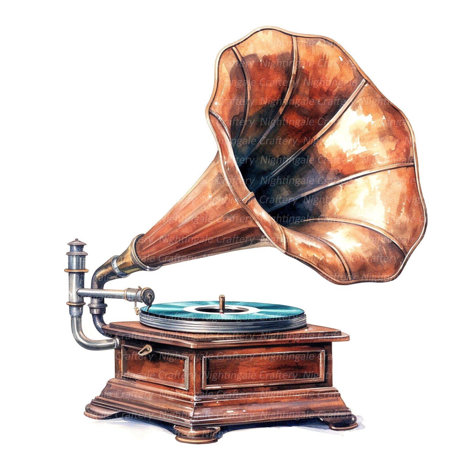 8 Vintage Gramophone Clipart, Phonograph, Printable Watercolor Clipart, High Quality JPG ...