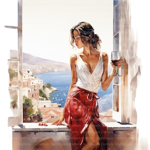 11 femme fenêtre Grèce Clipart, clipart vin, clipart aquarelle imprimable, fichiers JPG de haute qualité, téléchargement numérique, créations en papier, journal indésirable