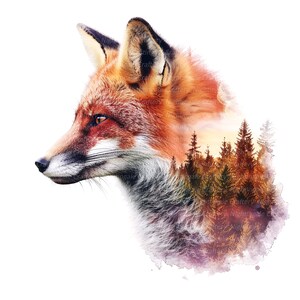 Pu&ograve; includere: Una volpe rossa con una scena di foresta sovrapposta al suo corpo. La pelliccia della volpe &egrave; un mix di rosso, arancione e bianco. La scena della foresta &egrave; un mix di verde, marrone e giallo.