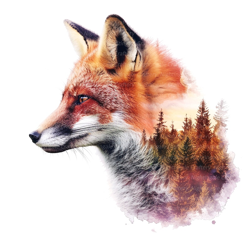 Pu&ograve; includere: Una volpe rossa con una scena di foresta sovrapposta al suo corpo. La pelliccia della volpe &egrave; un mix di rosso, arancione e bianco. La scena della foresta &egrave; un mix di verde, marrone e giallo.