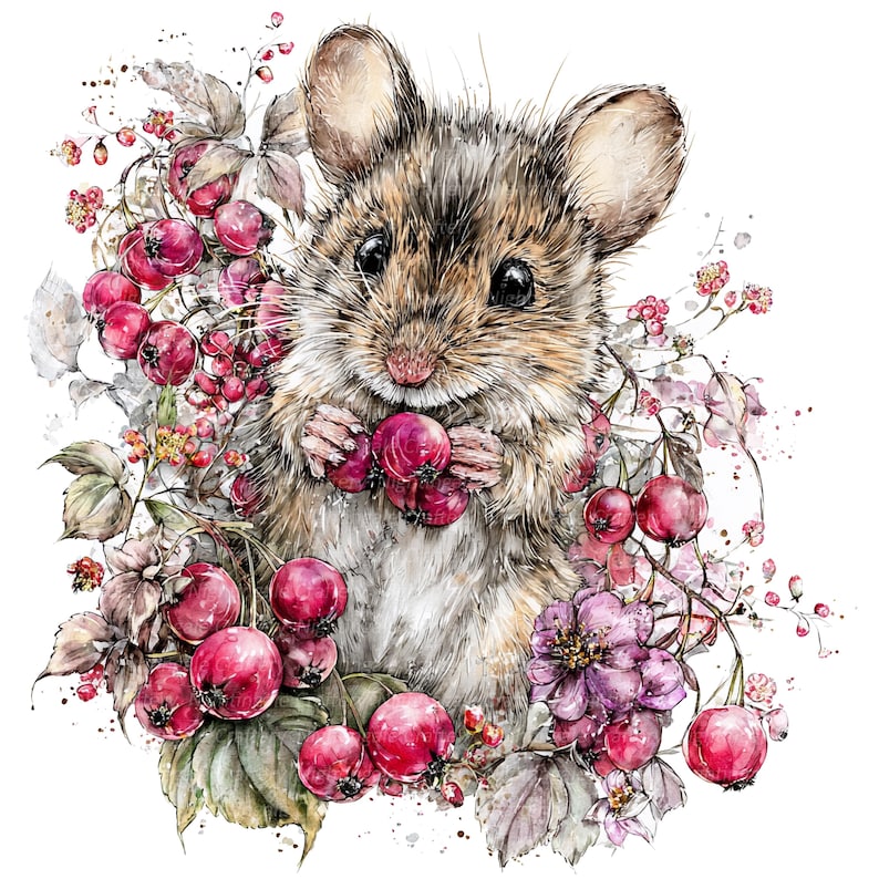 14 Mouse and Berries Clipart, Cartoon Mouse, Printable Watercolor ...