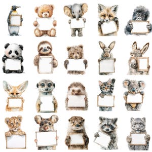 May include: Watercolor illustrations of various animals, including a penguin, bear, elephant, fox, gorilla, panda, sloth, bear, rabbit, donkey, fennec fox, meerkat, hedgehog, cat, koala, lion, mouse, otter, raccoon, and leopard, each holding a blank sign.