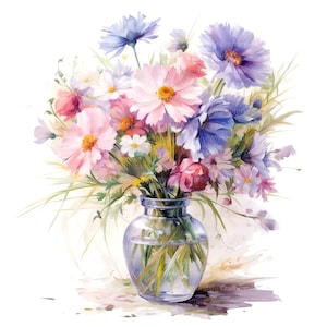 9 Wildblumen in Vase Clipart, Blumen Clipart, druckbare Aquarell Clipart, hochwertige JPGs, digitaler Download, Papiermodell, Junk Journal