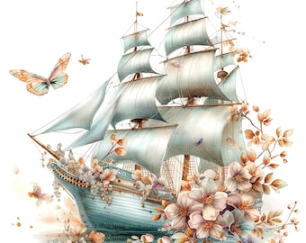 10 Floral Ship Clipart, Flower Ship Clipart, Printable Watercolor clipart, High Quality PNG/JPG, Digital download, Paper craft, junk journal