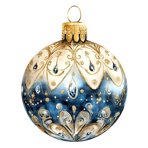 9 adornos navideños, adornos azules y dorados, imágenes prediseñadas de acuarela imprimibles, PNG de alta calidad, descarga digital, manualidades de papel, fabricación de tarjetas