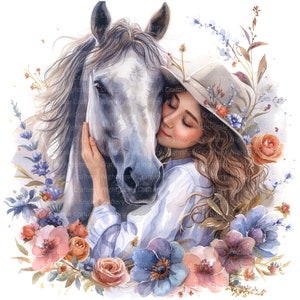 14 vrouw en paard clipart, bloemen paarden, afdrukbare aquarel clipart, hoge kwaliteit jpg's, digitale download, sublimatie, ongewenste tijdschriften