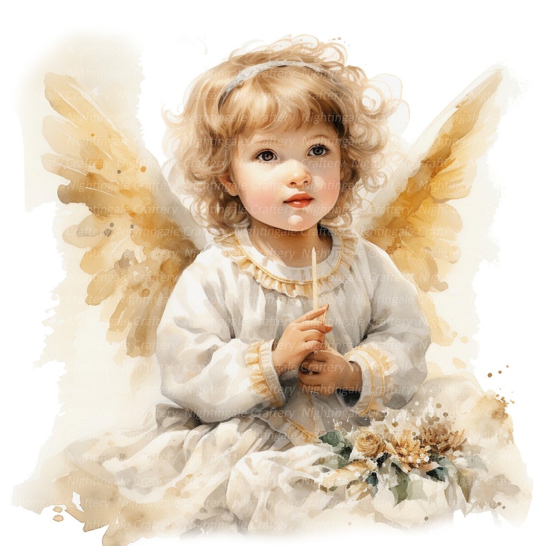 K&ouml;nnte beinhalten: Ein Aquarellbild eines jungen Engels mit goldenen Fl&uuml;geln und einem wei&szlig;en Kleid. Der Engel h&auml;lt eine kleine wei&szlig;e Kerze und hat einen sanften Ausdruck im Gesicht.