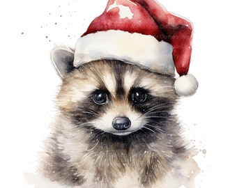10 Raccoon in Santa Hat Clipart, Racoon, Printable Watercolor clipart, High Quality JPGs, Digital download, Paper craft, junk journal