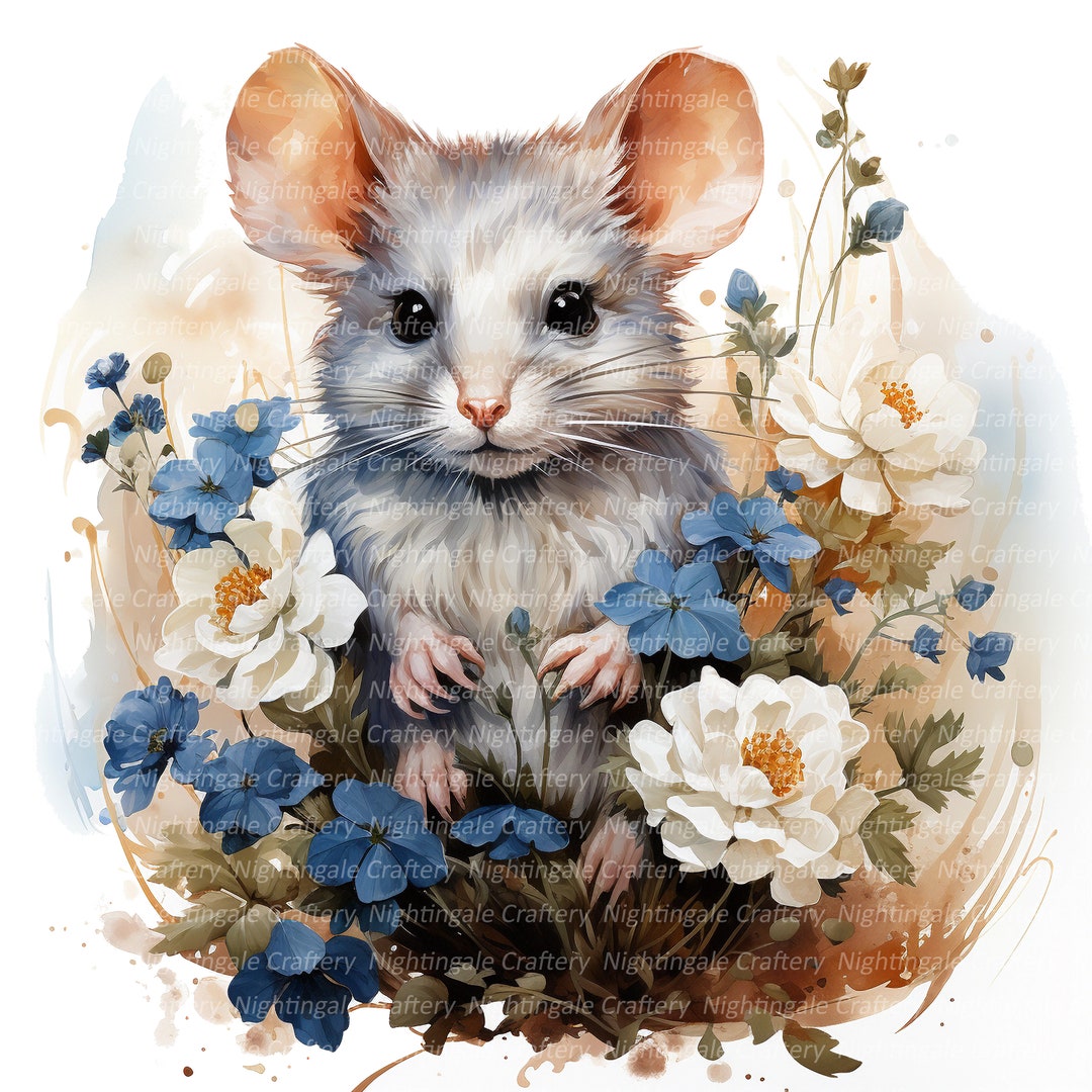 Mouse in Flowers Clipart, Printable Watercolor Clipart, 10 High Quality ...