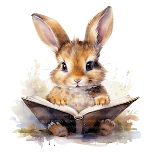 12 Clipart di un libro di lettura di un coniglietto, Clipart di un coniglietto, Clipart di un acquerello stampabile, PNG di alta qualità, Download digitale, Lavoretti di carta, diario spazzatura