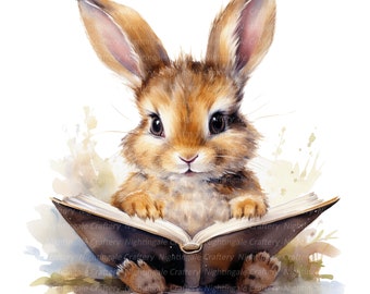 12 Bunny Reading Book Clipart, Bunny Clipart, Printable Watercolor clipart, High Quality PNGs, Digital download, Paper craft, junk journal