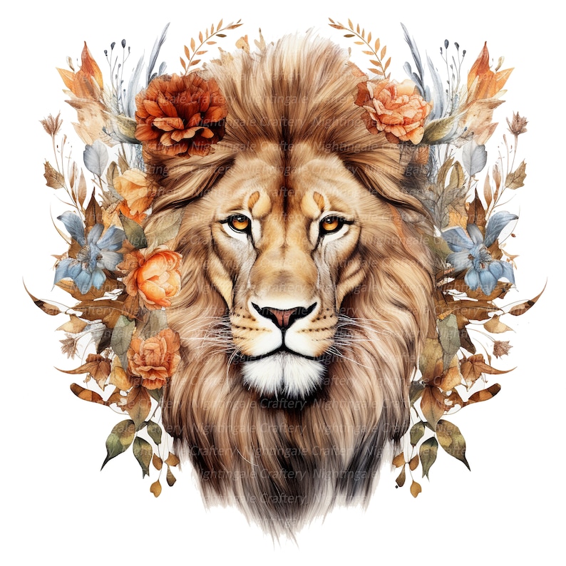 Puede incluir: Una pintura de acuarela de la cabeza de un le&oacute;n con una corona de hojas de oto&ntilde;o y flores. El le&oacute;n tiene una expresi&oacute;n seria y su pelaje es de un color marr&oacute;n intenso.