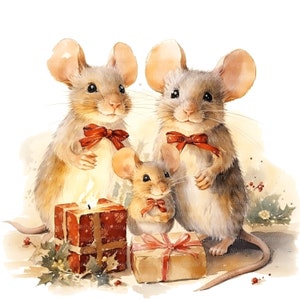 10 cliparts de Noël de famille de souris, souris de Noël, clipart aquarelle imprimable, JPG de haute qualité, téléchargement numérique, créations de papier