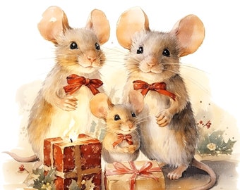 May include: Three watercolor painted mice holding gifts. The mice are brown and white with red bows. The gifts are wrapped in brown paper with red ribbon. The background is a watercolor wash of light brown and green.