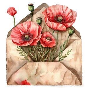 10 Mohnblumen im Umschlag Clipart, Blumen Umschlag, druckbare Aquarell Clipart, hochwertige JPGs, digitaler Download, Papiermodelle, Journal
