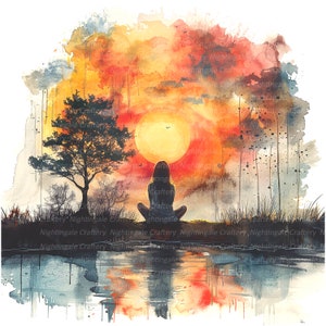 Puede incluir: Pintura a la acuarela de una persona meditando frente a una puesta de sol. La obra presenta un cielo naranja y amarillo vibrante, un &aacute;rbol silueteado y una masa de agua tranquila que refleja la escena. El tema general es la tranquilidad.