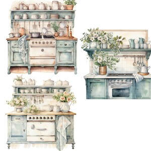 vintage floral kitchen scene clipart set graphic by... 14 Vintage Floral Kitchen Clipart, Shabby Chic, Printable Watercolor ...