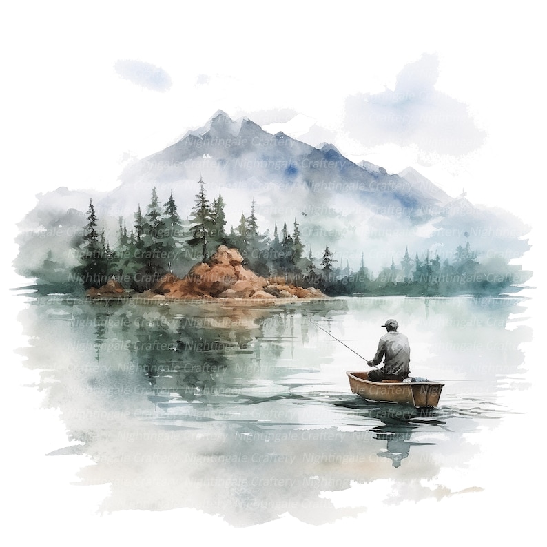 May include: A watercolor painting of a person fishing from a small boat on a lake. The lake is surrounded by a forest and mountains in the background. The sky is a light blue with some clouds.