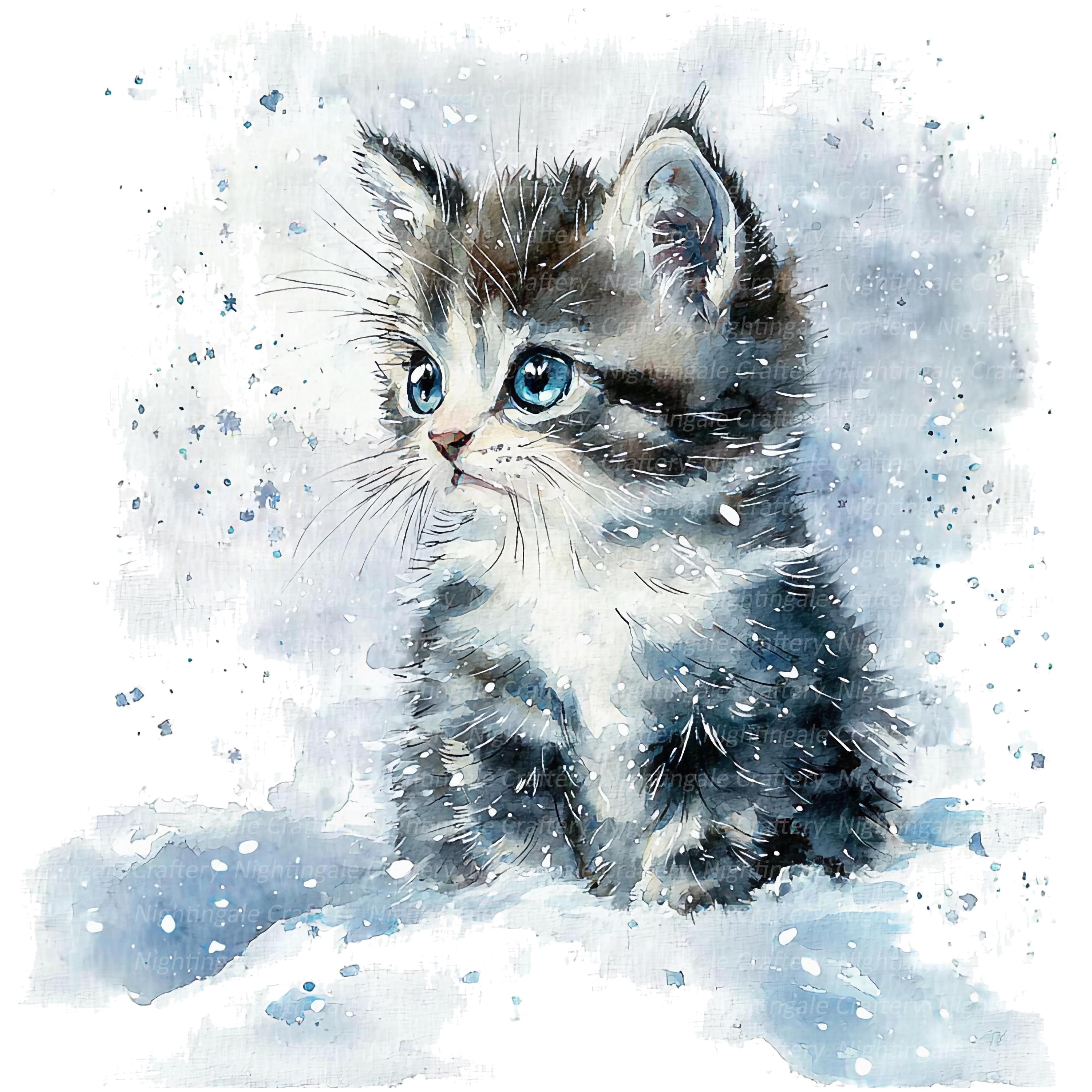 雪の中の子猫のクリップアート14点、猫のクリップアート、印刷可能な