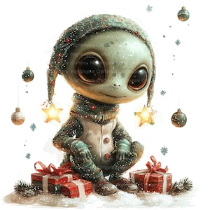 12 Christmas Alien Clipart, Aliens Clipart, Printable Watercolor clipart, High Quality JPG/PNG, Digital download, Paper craft, junk journals