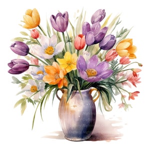 10 Frühlingsblumen in Vase Clipart, Tulpen, druckbare Aquarell Clipart, hochwertige PNGs, digitaler Download, Papiermodell, Junk Journals