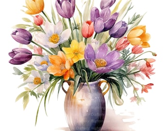 10 fleurs printanières dans un vase, clipart, tulipes, clipart aquarelle imprimable, fichiers JPG de haute qualité, téléchargement numérique, créations en papier, journaux indésirables