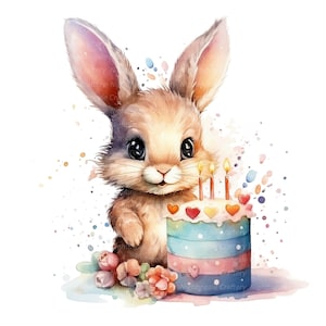 14 Cliparts de coelho com bolo, Aniversário de coelho, Clipart de aquarela para impressão, JPG/PNG de alta qualidade, Download digital, Artesanato em papel, Diários de sucata