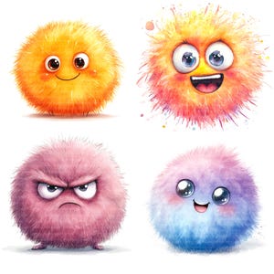 30 PNG Fluffy Emoji Emoticons Clipart, Smiley Clipart, Clipart digitale, Clipart acquerello, PNG trasparenti, Download digitale, Carta artigianale